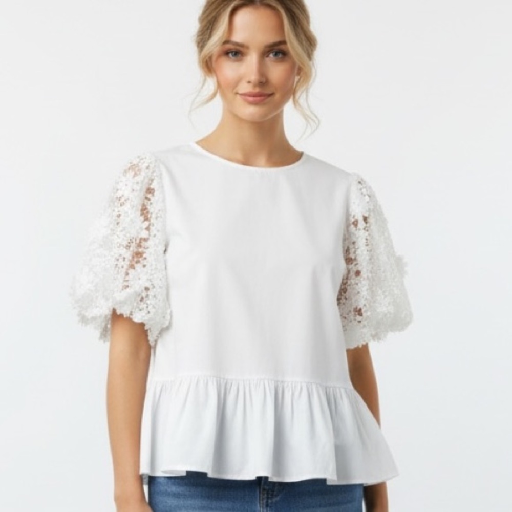 Zara White Lace-Sleeve Peplum Top Size S - Coquette